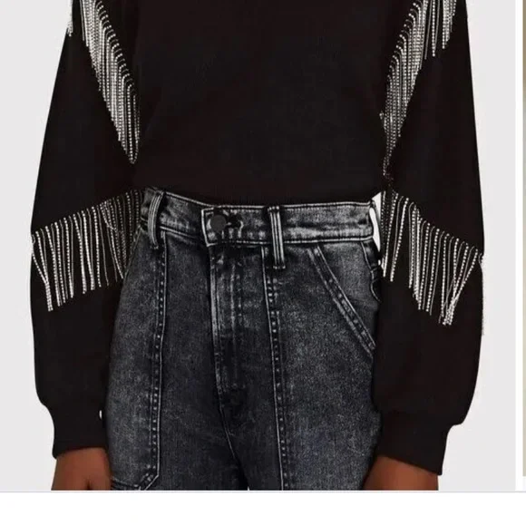 New Free People X Vintage Soul Crystal Fringe Crew Size S Washed Black - Picture 7 of 14